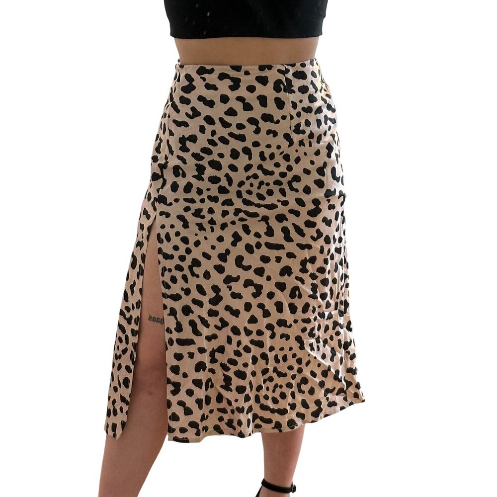 Leopard Print Faux Satin Midi Skirt with Slit from Princess Polly - Size 8